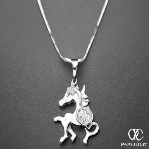 Image similar to a lovely silver cartoon unicorn necklace pendant, 3 d rendering, pandora style, tiffany style, swarovski style, van cleef & arpels style, cartier style, boucheron style, bulgari style, chaumet style, elegant, noble, stylish