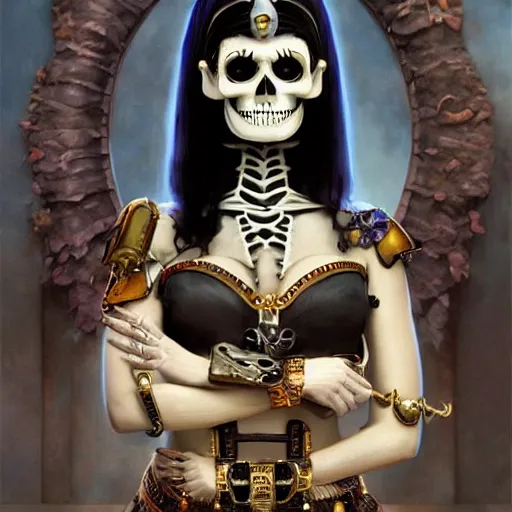 Image similar to cute & beautiful smug smiling undead skeleton girl with very attractive face and black hair dressed as a cleopatra, elegant, digital art, fullbody painting, fantasy, pixar style, painting, pin up, highly detailed, artstation, art by artgerm, vrubel, greg rutkowski, ilya kuvshinov, raymond swanland