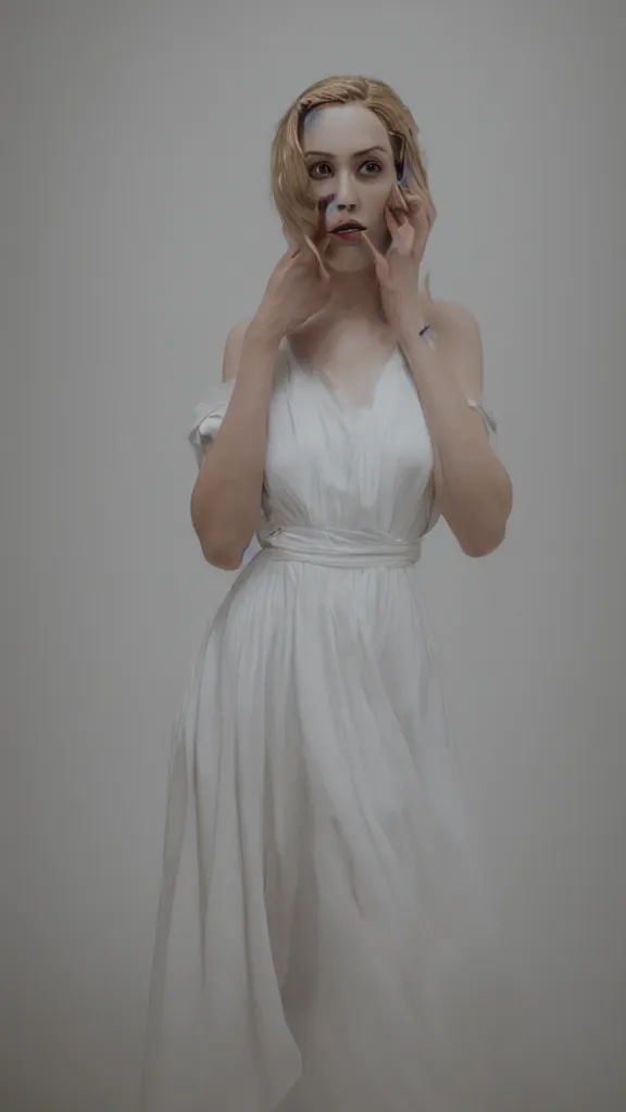 Image similar to photo of gorgeous tall emily skinner cosplaying annie leonhart wearing elegant white dress in a white room, beautiful face, pale skin, rule of thirds, cinematic lighting, rainy weather, melancholy atmosphere, sharp focus, backlit, stunning, smooth, hard focus, full body shot, studio photo, shot on sony a 7 iii, hyper realistic,