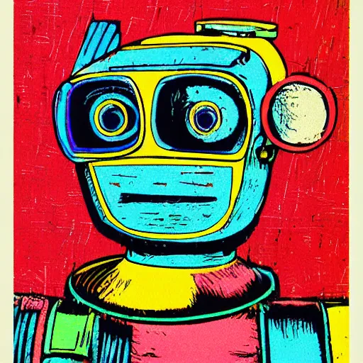 Image similar to colorful robot woodcut print by Julie De Graag