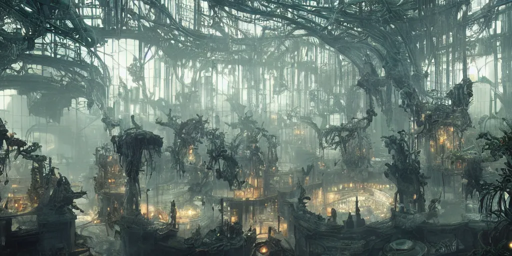 Image similar to octane render, ultra photorealistic, hyper detailed, unreal engine, a breathtaking sci - fi gothic victorian greenhouse terrarium with amber liquid containers perserving human bodies. artwork by guillermo del toro, james cameron, greg rutkowski, alphonse mucha, james gurney inspired by blade runner 2 0 4 9