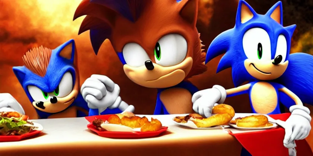 Prompt: A render of Sonic the Hedgehog sitting across from Shadow the Hedgehog at a restaurant, Sonic looks like he is shocked, Shadow is looking away in disgust, they both have hamburgers in front of them on a plate, movie, HDR, moody lighting, unique camera angle from the end of the table and between the two of them, candle lighting