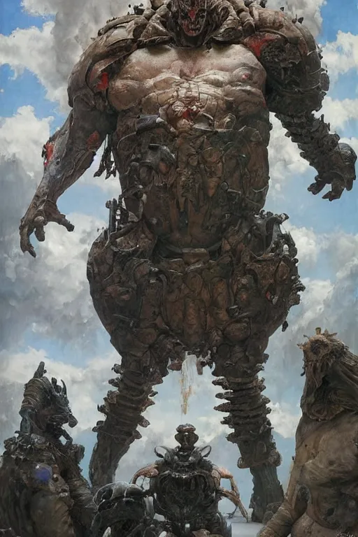 Image similar to scientists in a laboratory observe a martyn ford as a huge bipedal martian wearing armour, painted by ruan jia, raymond swanland, lawrence alma tadema, zdzislaw beksinski, norman rockwell, jack kirby, tom lovell, alex malveda, greg staples