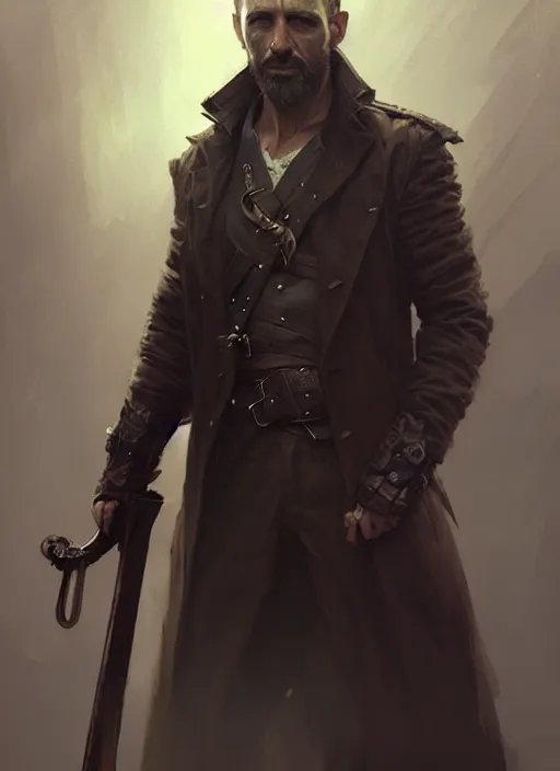 Prompt: portrait of a rugged man wearing a trenchcoat, holding a sword, victorian, concept art, detailed face, fantasy, highly detailed, cinematic lighting, digital art painting by greg rutkowski