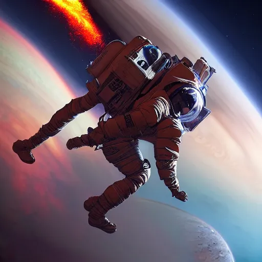 Image similar to burning incinerating 2 0 4 0 astronaut falling through the majestic clouds of jupiter, by cedric peyravernay and feng zhu, highly detailed, excellent composition, cinematic concept art, dramatic lighting, trending on artstation