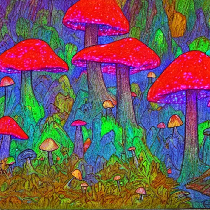 Prompt: a large cave lit by glowing mushrooms. colorful crystals grow from the ground. drawn with colored pencils, gloomy mood