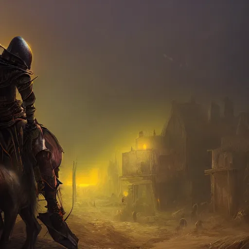 Image similar to A knight travelling through a desolate village as a sickly yellow light bleeds through the clouds, dark atmosphere, unreal engine, high details, illustration, 8k resolution