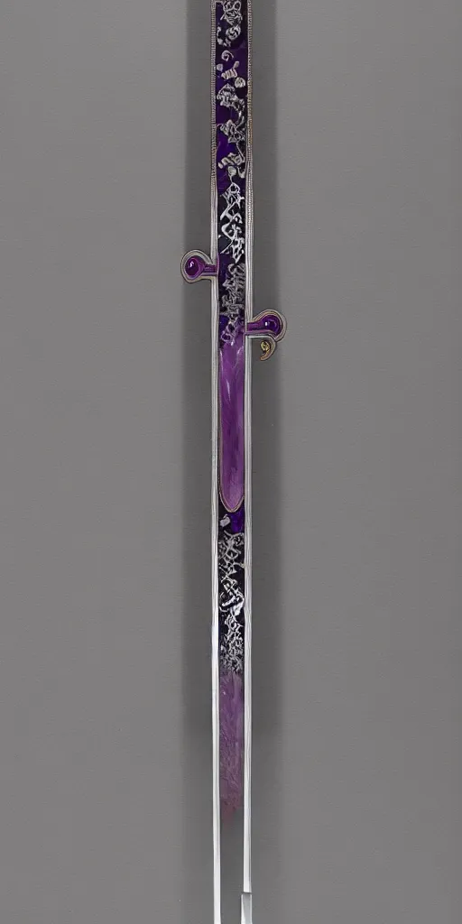 Image similar to a katana in the style of zdzisław beksinski, elegant, silver and amethyst inlay, flower motif, weapon on display, night sky