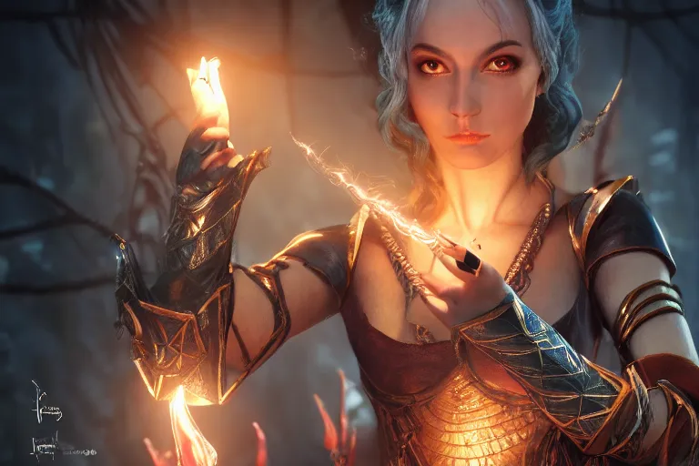Image similar to ultra detailed fantasy, a beautiful magician with. a fire ball in her hand, realistic, dnd, rpg, lotr game design fanart by concept art, behance hd, artstation, deviantart, global illumination radiating a glowing aura global illumination ray tracing hdr render in unreal engine 5