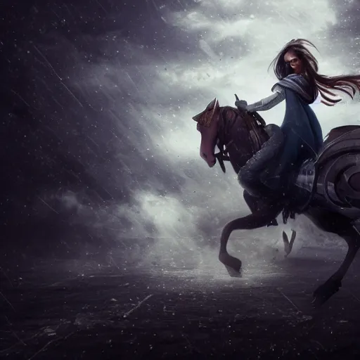 Prompt: young woman, riding a mech, in medieval town on fire, with blue ghost in the sky, light grey lighting in the sky, menacing clouds, rainy night