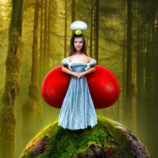 Image similar to Portrait of a thin girl in full height, elegant pose, a huge toadstool hat on her head, large eyes without a pupil ,he girl is standing on the edge of the forest, surrounded by colorful sparkling moss