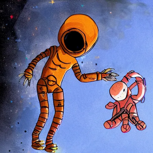 Image similar to cave drawing of alien astronaut bringing gift to earth, concept art, award winning