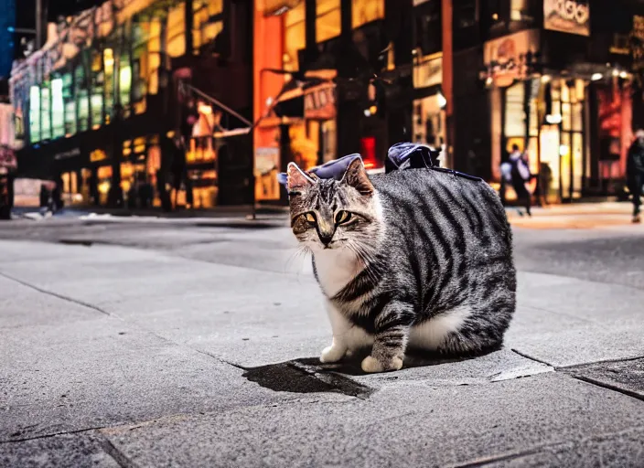 Image similar to photography of a Cat being carried in an half open backpack . in a new york street. award winning photo, led lighting, night, 130mm, sharp, high res