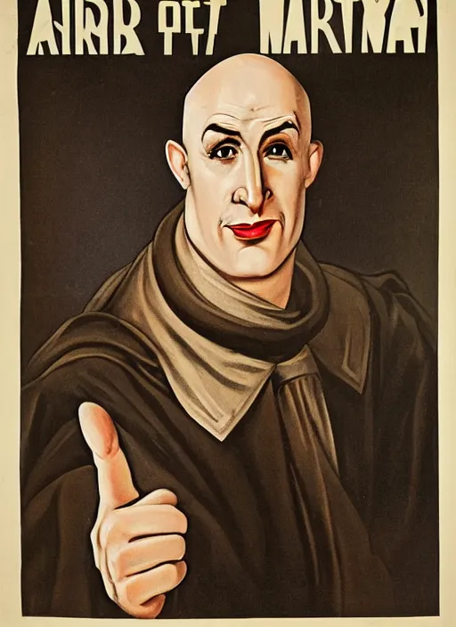 Image similar to portrait of glamorous bald medieval man with big nose and annoyed gesture, 1940s propaganda poster, full hd,highly detailed