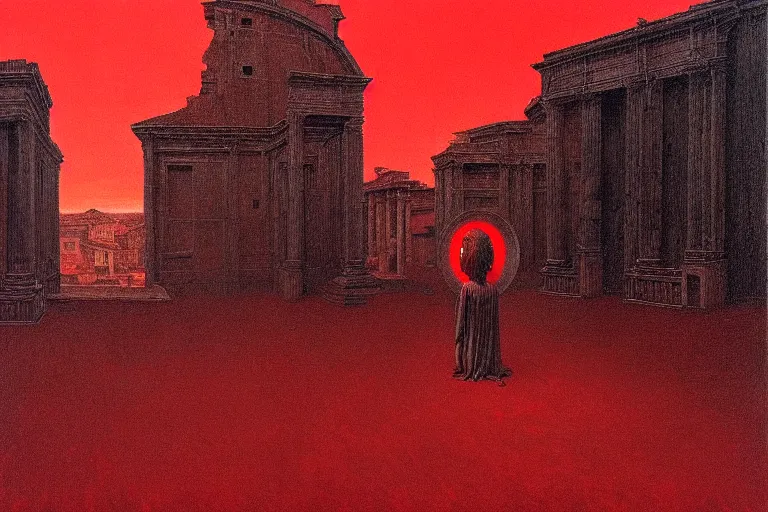 Image similar to only with red, caesar after war, a red tiger, in hoc signo vinces, rome in background, an ancient path, in the style of beksinski, part by hopper, part by rodcenko, part by hofbauer, intricate composition, red by caravaggio, insanely quality, highly detailed, masterpiece, red light, artstation