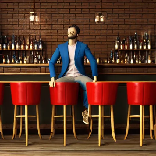 Image similar to a man sitting in a bar about to make a fundamental decision for his life, he is uncertain, but he knows he would rather have remorse than regret, 3d render