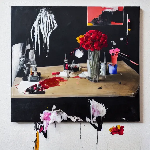 Image similar to empty room with black walls, sensual portrait of a female pathologist, broken vase, spilled flowers, puddle of water, octopus, squashed berries, neo - expressionism, surrealism, acrylic and spray paint and oilstick on canvas