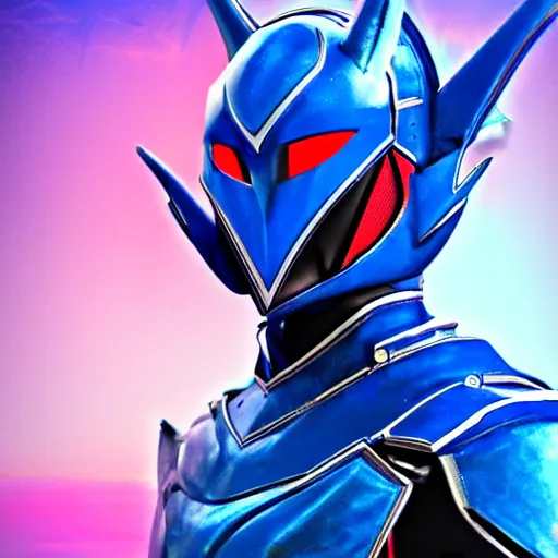 Image similar to High Fantasy Kamen Rider, blue with red secondary color, 4k, glowing eyes, daytime, charcoal color rubber undersuit, dragon inspired armor