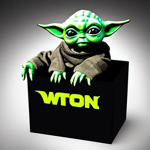 Image similar to baby yoda holding a large black box, award winning, trending on artstation, unreal engine