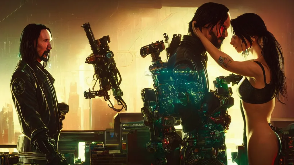 Image similar to a cyberpunk 2077 srcreenshot couple portrait of Keanu Reeves&female android in kiss,love story,film lighting,by Laurie Greasley,Lawrence Alma-Tadema,Dan Mumford,John Wick,Speed,Replicas,artstation,deviantart,FAN ART,full of color,Digital painting,face enhance,highly detailed,8K,octane,golden ratio,cinematic lighting