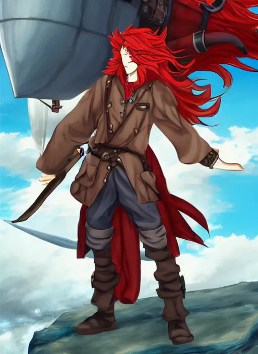 Image similar to An epic fantasy pokemon anime style portrait of a long haired, red headed male sky-pirate in front of an airship