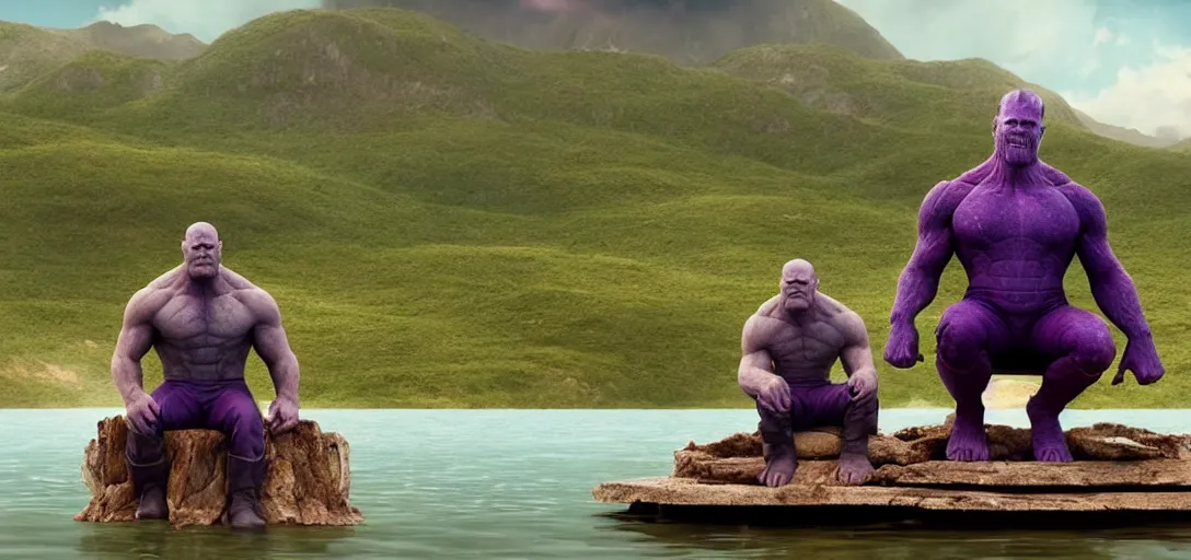 Image similar to a very high resolution image from a new movie. thanos sitting on chair in a lake, photorealistic, photography, directed by wes anderson