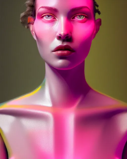Prompt: hyperrealist highly intricate neo-modern portrait pink pearlescent exoskeleton beautiful goddess concept art pascal blanche key sage dramatic yellow lighting 8k high angle shallow depth of field