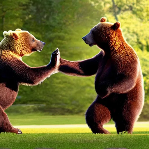 Image similar to two bears high - fiving, realistic