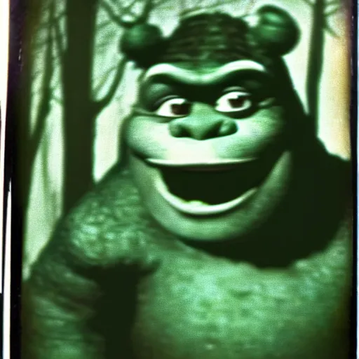 Image similar to 1 9 6 0's old polaroid of monster shrek staring from the depths of the dark gloomy forest, photorealistic, grainy, found footage, old film, low quality, horror, creepy, unsettling, liminal, strangely terrifying