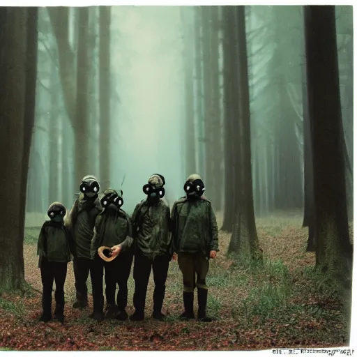 Image similar to high realistic photo portrait group of men with gas masks in a foggy forest, cinestill 800t 35mm, heavy grain, high quality