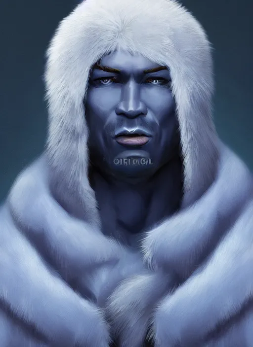 Image similar to portrait of a blue-skinned man wearing a fur coat, illustration, fantasy, Dungeon and Dragon, trending on ArtStation