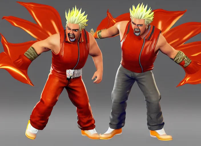 Image similar to 3 d model of guy fieri character in fighting game, stylized 3 d graphics, hdr, ultra graphics, ray tracing, 4 k image