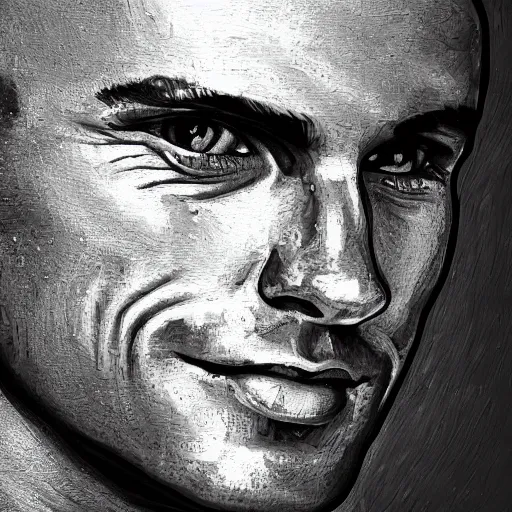 Image similar to an impasto oil painting of kelly slater!! with a moustage painted by leonadro da vinci, 5 0 mm black and white photography, high detail, 4 k resolution