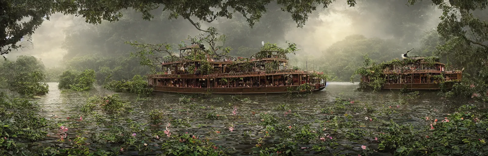 Image similar to A wooden, beautiful 1880's steamboat overgrown with intricate vines, flowers, snakes, anacondas and exotic vegetation floating down on the Amazon river. Faint lights from inside the ship. Steam. Birds circulating. The boat looks like an island. Ecosystem. Sunset. Volumetric lights. Mist. hyper-maximalistic, with high detail, cinematic, 8k resolution, beautiful detail, insanely complex details, 50mm lens.