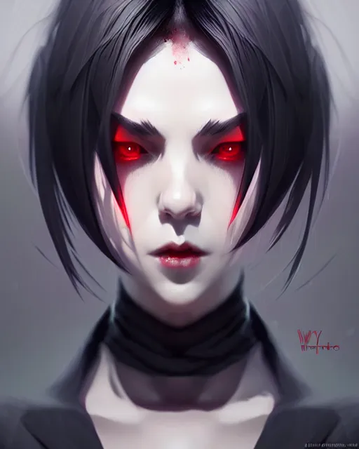 Image similar to sharp hq rendering, dark vampire, character portrait, concept art, painterly, fanart, highly detailed in the style of wlop by ilya kuvshinov, wenjun lin, angular geometric symmetrical design