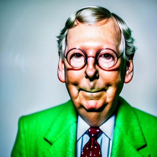 Image similar to photograph portrait of Mitch McConnell covered in green slime, sigma 85mm f/1.4, 4k, depth of field, high resolution, 4k, 8k, hd, full color