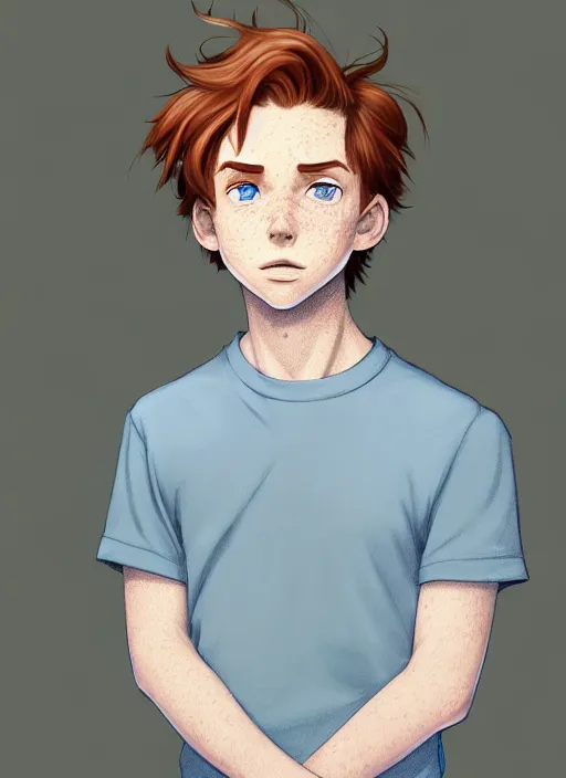 Image similar to portrait of a teen boy with completely straight auburn hair, light blue eyes, pale skin, freckles, sad expression, t - shirt, modern casual clothing, natural lighting, path traced, highly detailed, high quality, cartoon, digital painting, by don bluth and ross tran and studio ghibli