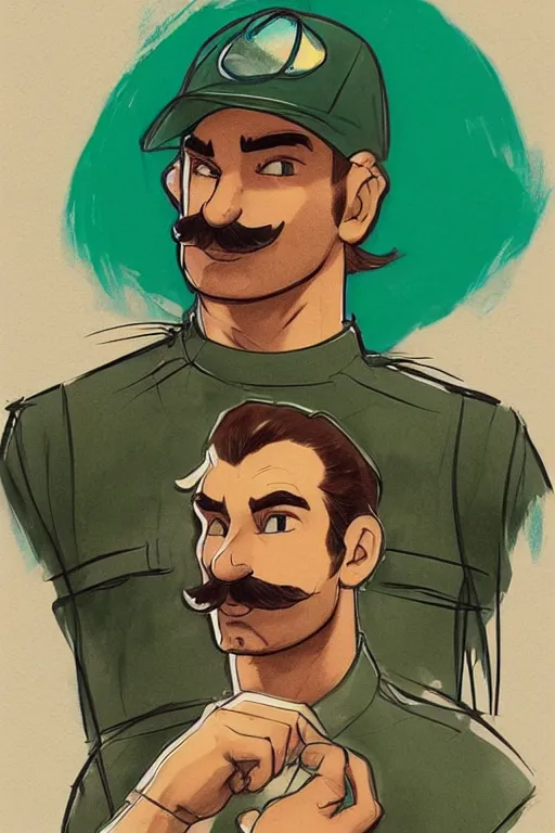 Prompt: gigachad luigi wearing a blue shirt and green overalls by ilya kuvshinov, bodybuilder ernest khalimov, super mario bros symmetrical face concept art, hyper realistic, intricate, elegent, highly detailed, digital painting, concept art, smooth, sharp, focus, illustration, art by artgerm and greg rutkowski and alphonse mucha, artstation