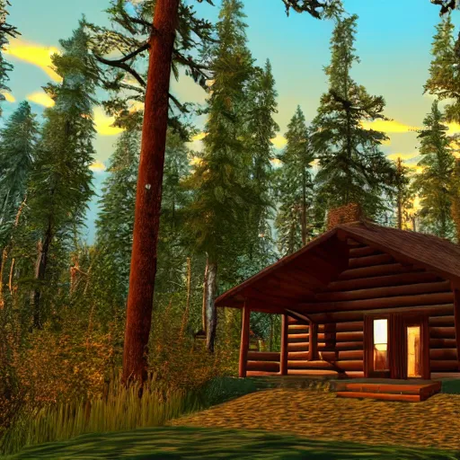 Image similar to a log cabin in the middle of the forest with a dirt path leading up to it, at sunset, Second Life game screenshot