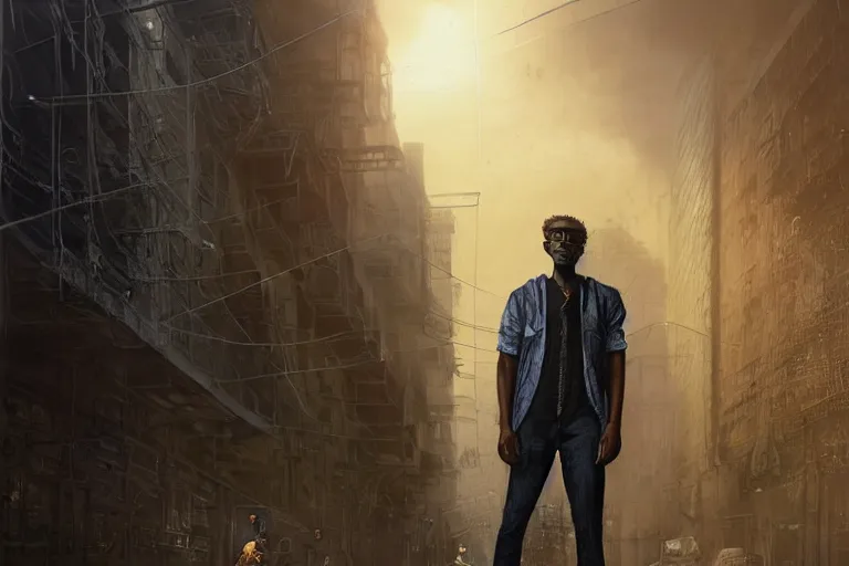 Prompt: A solarpunk very highly detailed black man at 20\'s years old with long curly hair, wearing glasses, guitarist, with very highly detailed face on the street of a very highly detailed smooth solarpunk city digital concept art by Greg Rutkowski, neofuturistic highly detailed, digital concept art, Dimensional cyan gold natural light, sharp focus, Golden Ratio illustration, realistic concept art by Stephen Hickman and James Gurney and Hiromasa Ogura Ghost in the Shell rendered in Octane Render, From the distance