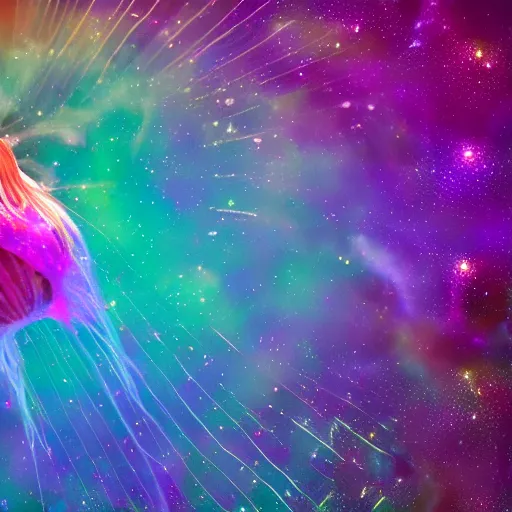 Prompt: psychedelic lions mane jellyfish swimming through space, colorful, nebula, concept art, universe, cinematic, 8 k,