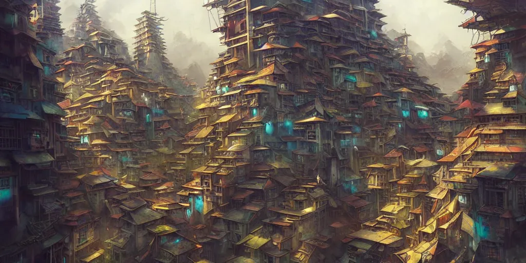 Prompt: Anime vajrayana Tibetan cityscape, Ghost in the Shell, Tekkonkinkreet, favelas, temples, cinematic matte painting concept art, by Peter Mohrbacher