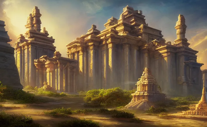 Prompt: an abandoned celestial temple, dynamic lighting, photorealistic fantasy concept art, trending on art station, stunning visuals, creative, cinematic, ultra detailed, ray tracing, sun rays, wonderous, amazing detail, style of tim hildebrandt