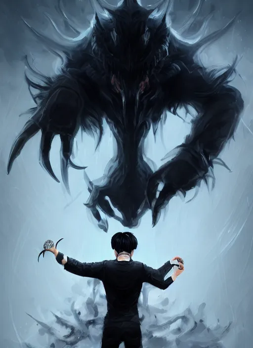 Image similar to a highly detailed illustration of fierce korean man with bowl cut black hair wearing tie with giant black claws, wielding giant black fog claws pose, foggy lovecraftian black mist surrounding background, perfect face, intricate, elegant, highly detailed, centered, digital painting, artstation, concept art, smooth, sharp focus, league of legends concept art, wlop.