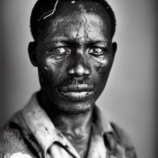 Image similar to black and white photo, portrait of Congo mineworker by richard avedon, realistic, Leica, medium format, cinematic lighting, parallax, high resolution,