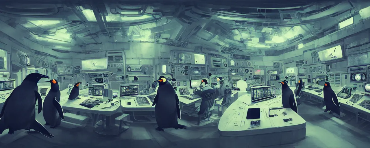 Image similar to duotone concept illustration 3 / 4 portrait of penguins in the supercomputer control room. cinematic scene. vlumetric lighting. golden rario accidental renaissance. portrait lens by sachin teng and sergey kolesov and ruan jia and heng z. graffiti art, scifi, fantasy, hyper detailed. octane render. concept art. trending on artstation