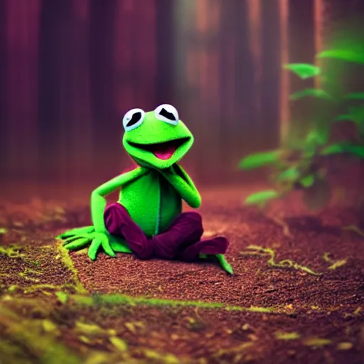 Image similar to very very very very cute baby Kermit the Frog, portrait, pixar style, forest background, cinematic lighting, award winning creature portrait photography