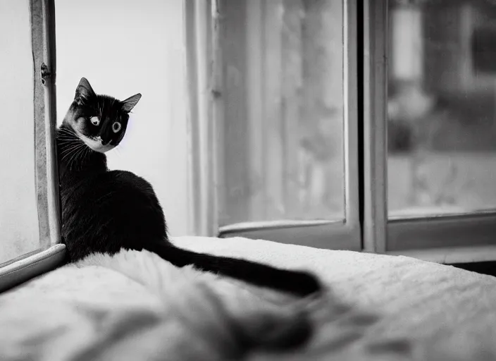 Image similar to photography of a Cat . watching outside the window. on a bed. in a 70's room full of vinyls and posters, photorealistic, award winning photo, 100mm, sharp, high res