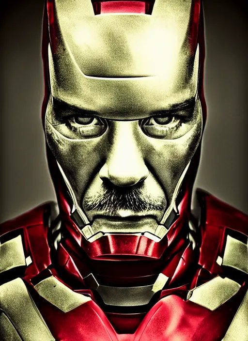 Prompt: photo of Bryan Cranston as Iron Man by Lee Jeffries, smile, detailed, award winning, Sony a7R