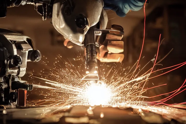 Prompt: cinematography closeup portrait of a Man soldering repairing robot parts in his garage by Emmanuel Lubezki